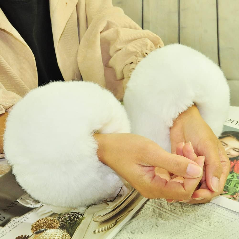 Soft Faux Fur Wrist Band Ring Cuffs Warmer for Women (White), One Size