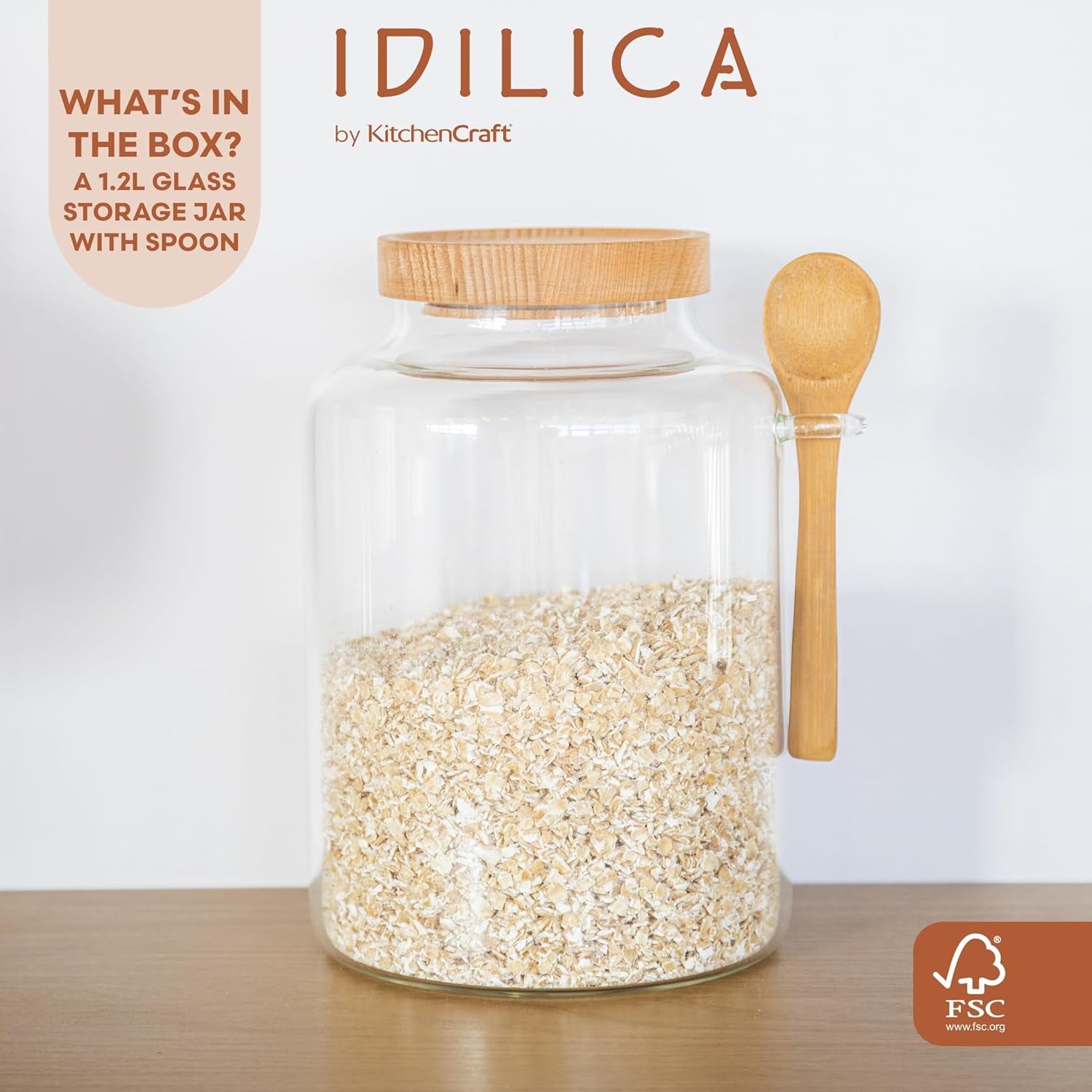 Idilica Glass Storage Jar with Beechwood Lid and Bamboo Spoon, Airtight Glass Canister with Wooden Lid for Kitchen Storage and Organisation, 1200Ml