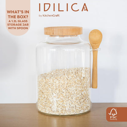 Idilica Glass Storage Jar with Beechwood Lid and Bamboo Spoon, Airtight Glass Canister with Wooden Lid for Kitchen Storage and Organisation, 1200Ml