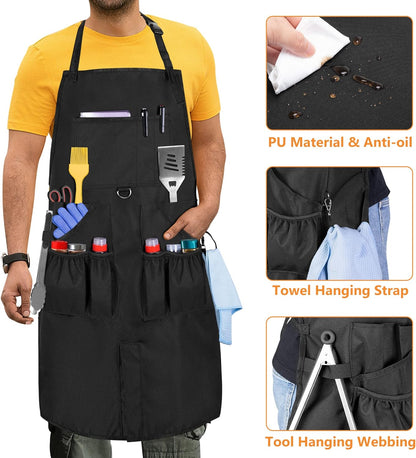 BBQ Grilling Apron, Cooking Aprons for Men with Pockets & Slit Hem, Kitchen Apron with Adjustable Neck & Waist Straps for Men & Women, Cooking Aprons for Chef, Painter, Carpenter (Apron Only)