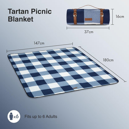 Picnic Blanket, Blue & White Tartan Outdoor Rug with Waterproof Backing, 6 Person Weatherproof Picnic Mat with Faux Leather Handle, Water Resistant Camping Accessories, 147X180Cm