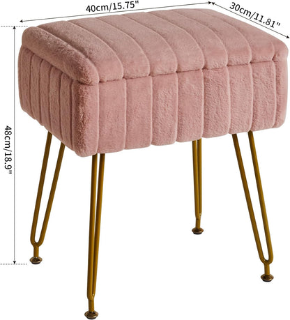 Stool Chair with Storage Space, Footrest Footstool Ottoman, Small Side Table, with 4 Metal Legs, with Anti-Slip Feet, for Makeup Room, Bedroom, Faux Fur, Pink L/G-50P