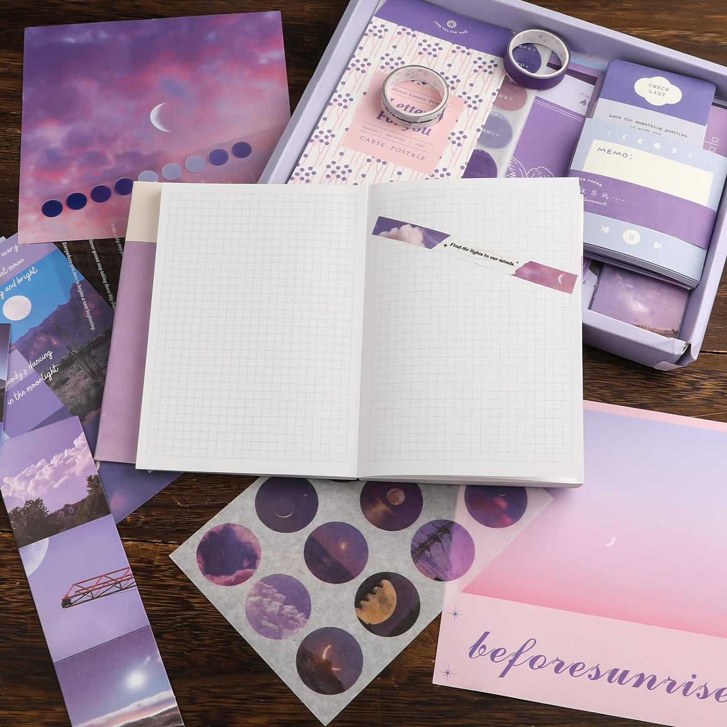 Aesthetic Scrapbook Kit, Purple Scrapbooking Journaling Supplies Kit with Stationery Journal Scrapbooking Supplies A6 Grid Notebook for Girls DIY Gift (Moonlight)