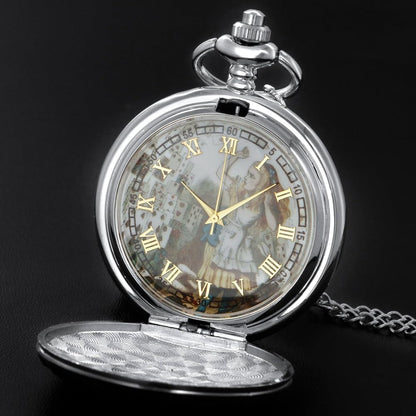 Alice in Wonderland Pocket Watch Alice Dial Roman Numerals Quartz Pocket Watches with Chain Christmas Birthday Gifts