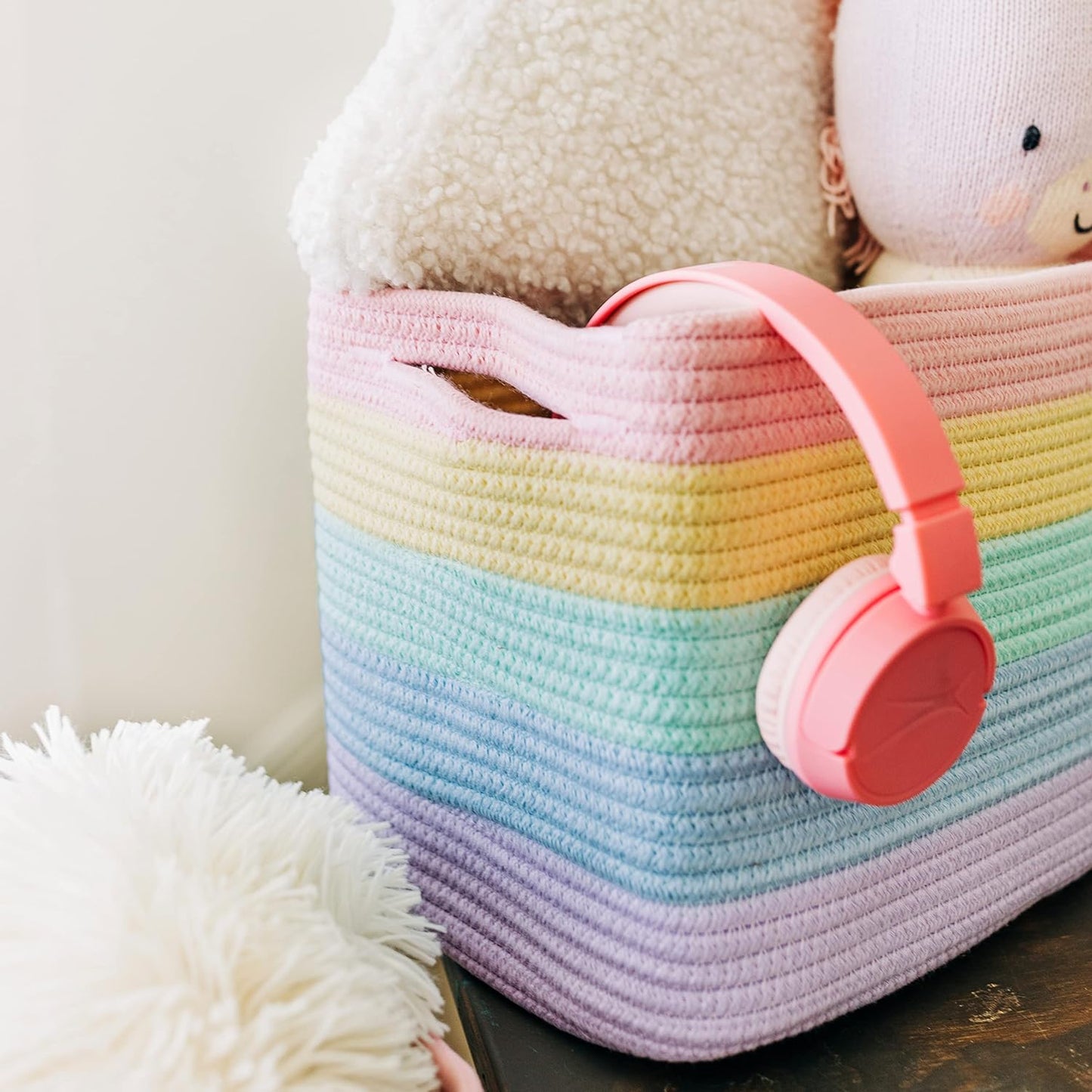 Set of 3 Toy Storage Baskets | Woven Nursery Storage Basket | Rainbow Blanket Basket | Cotton Rope Toilet Roll Basket | Woven Basket for Towel Storage | Bathroom Storage Baskets for Shelves