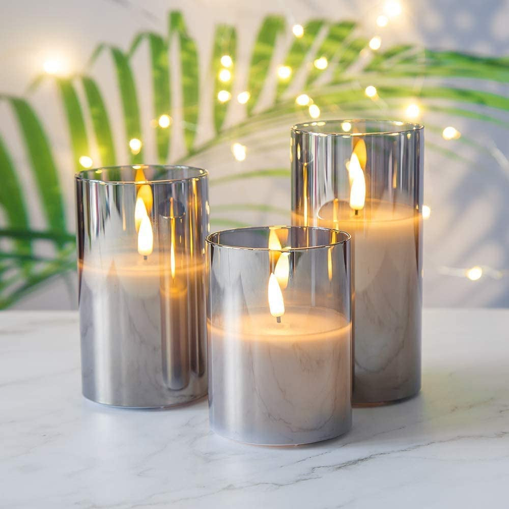 Silver Grey Glass Flameless Flickering Candles with Remote, 3 Pack Realistic LED Fake Candles ∅ 3" H 4" 5" 6"