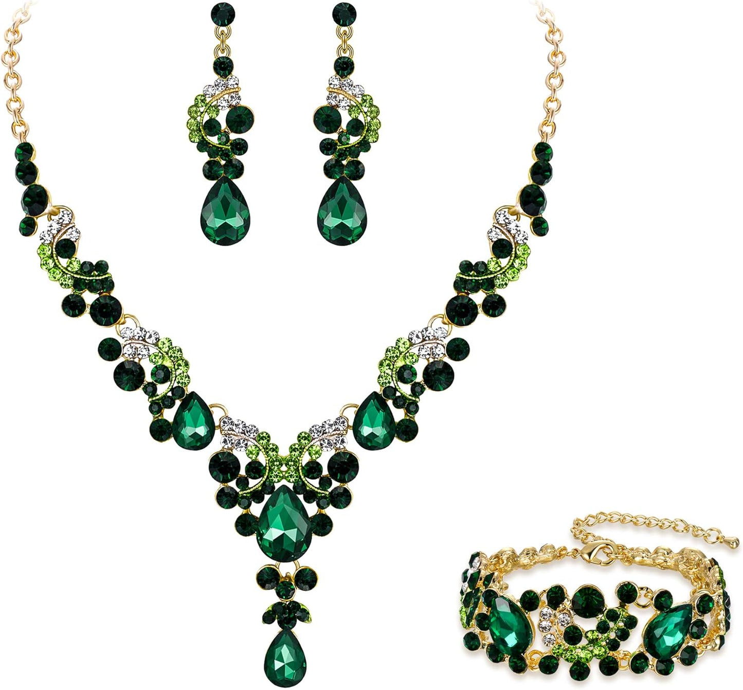 Rhinestone Crystal Bridal Art Deco Floral Wave Teardrop Necklace Earrings Bracelet Jewelry Set