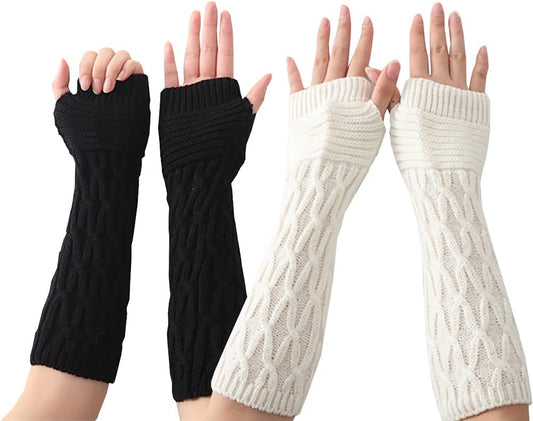 2 Pairs Winter Knitted Arm Gloves Warm Arm Sleeves Thermal Arm Warmers Long Fingerless Gloves with Thumb Holes Black and White