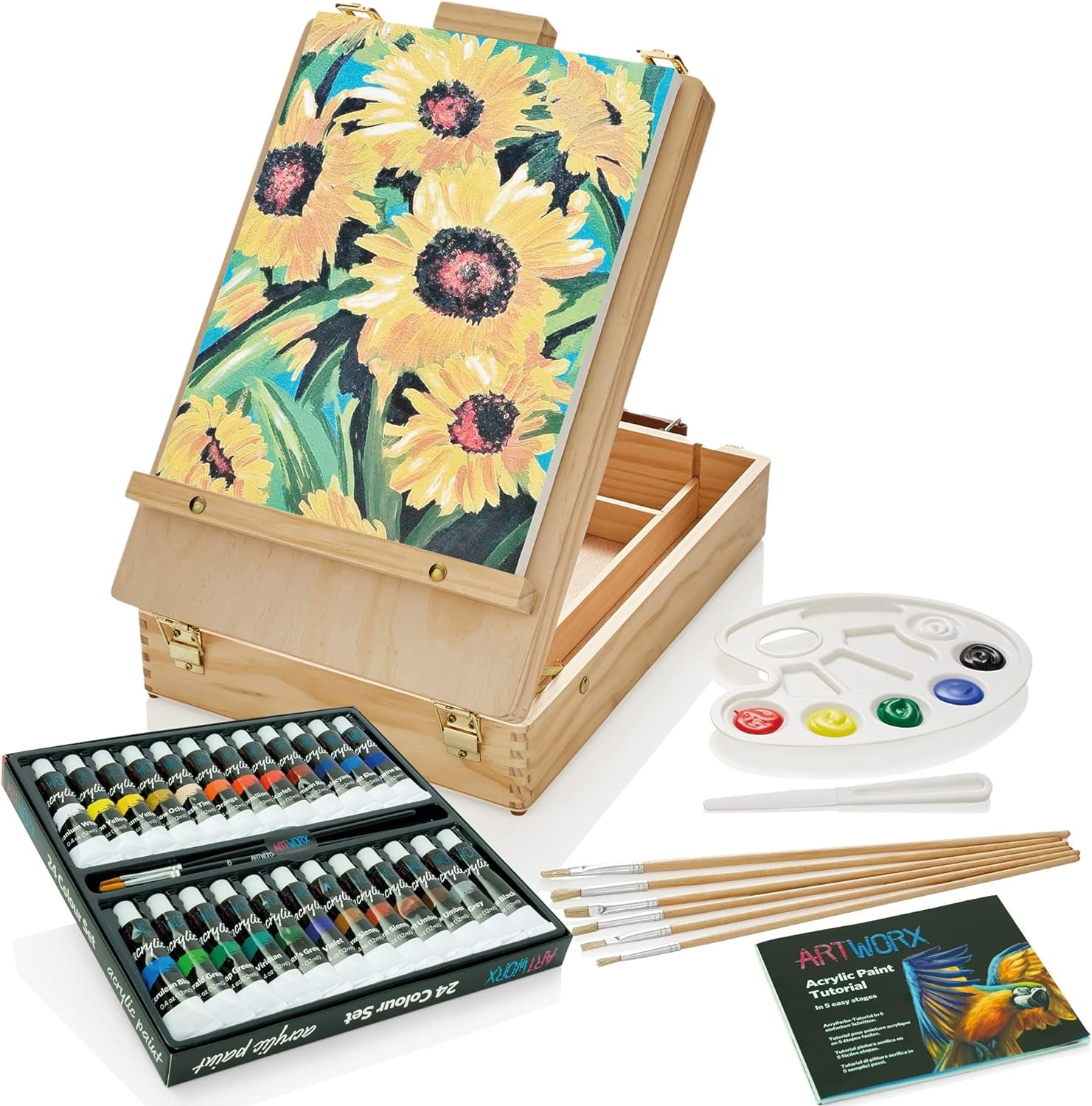 Painting Set for Adults - Box Easel - Portable Table Top Easel - Kit Includes 2 X Canvasses, 24 X Paints & 6 Brushes - Canvas Painting Set