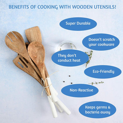 Wooden Spoons for Cooking Set for Kitchen, Non Stick Cookware Tools or Utensils Includes Wooden Spoon, Spatula, Fork, Slotted Turner, Corner Spoon, Set of 5, 12 Inch, Acacia Wood, White