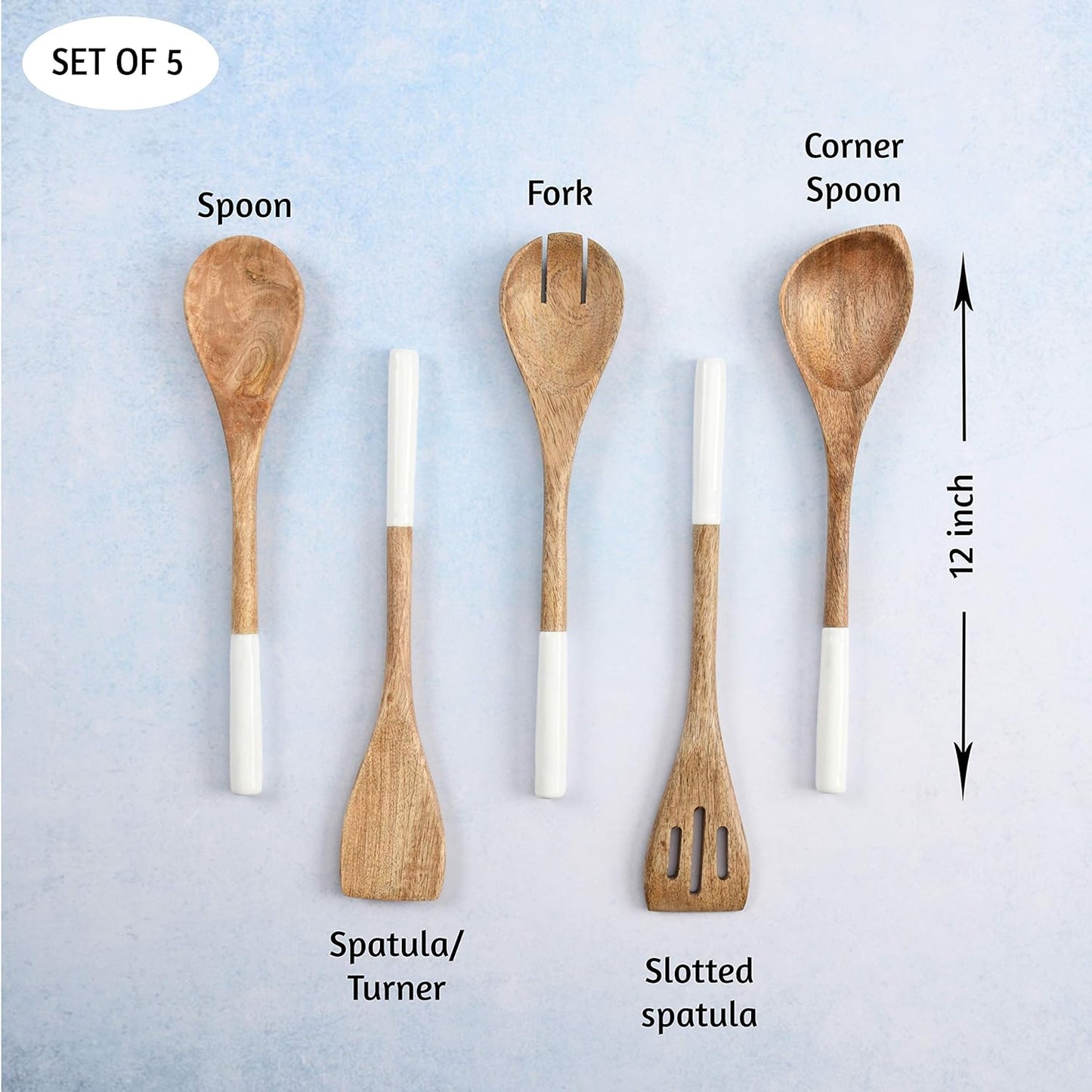 Wooden Spoons for Cooking Set for Kitchen, Non Stick Cookware Tools or Utensils Includes Wooden Spoon, Spatula, Fork, Slotted Turner, Corner Spoon, Set of 5, 12 Inch, Acacia Wood, White