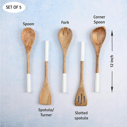 Wooden Spoons for Cooking Set for Kitchen, Non Stick Cookware Tools or Utensils Includes Wooden Spoon, Spatula, Fork, Slotted Turner, Corner Spoon, Set of 5, 12 Inch, Acacia Wood, White