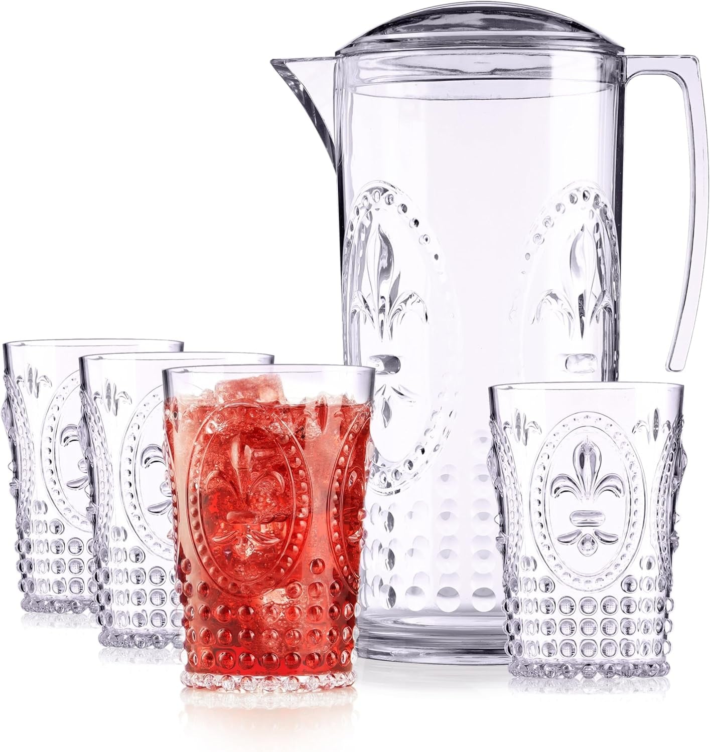 Pimms Jug and Glasses Set - Plastic Jugs and Glass Set for Parties - Water Pitcher Jug with Lid Set of 5 - Baroque Style - 2300Ml