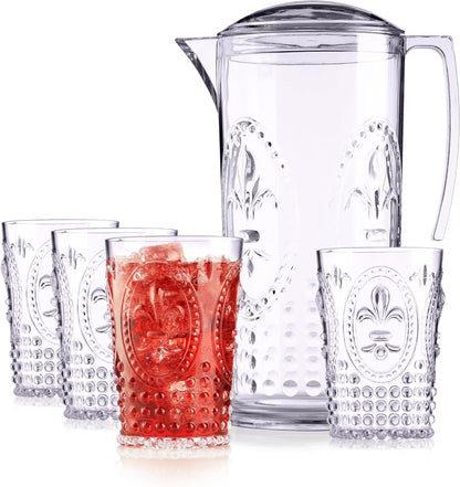 Pimms Jug and Glasses Set - Plastic Jugs and Glass Set for Parties - Water Pitcher Jug with Lid Set of 5 - Baroque Style - 2300Ml