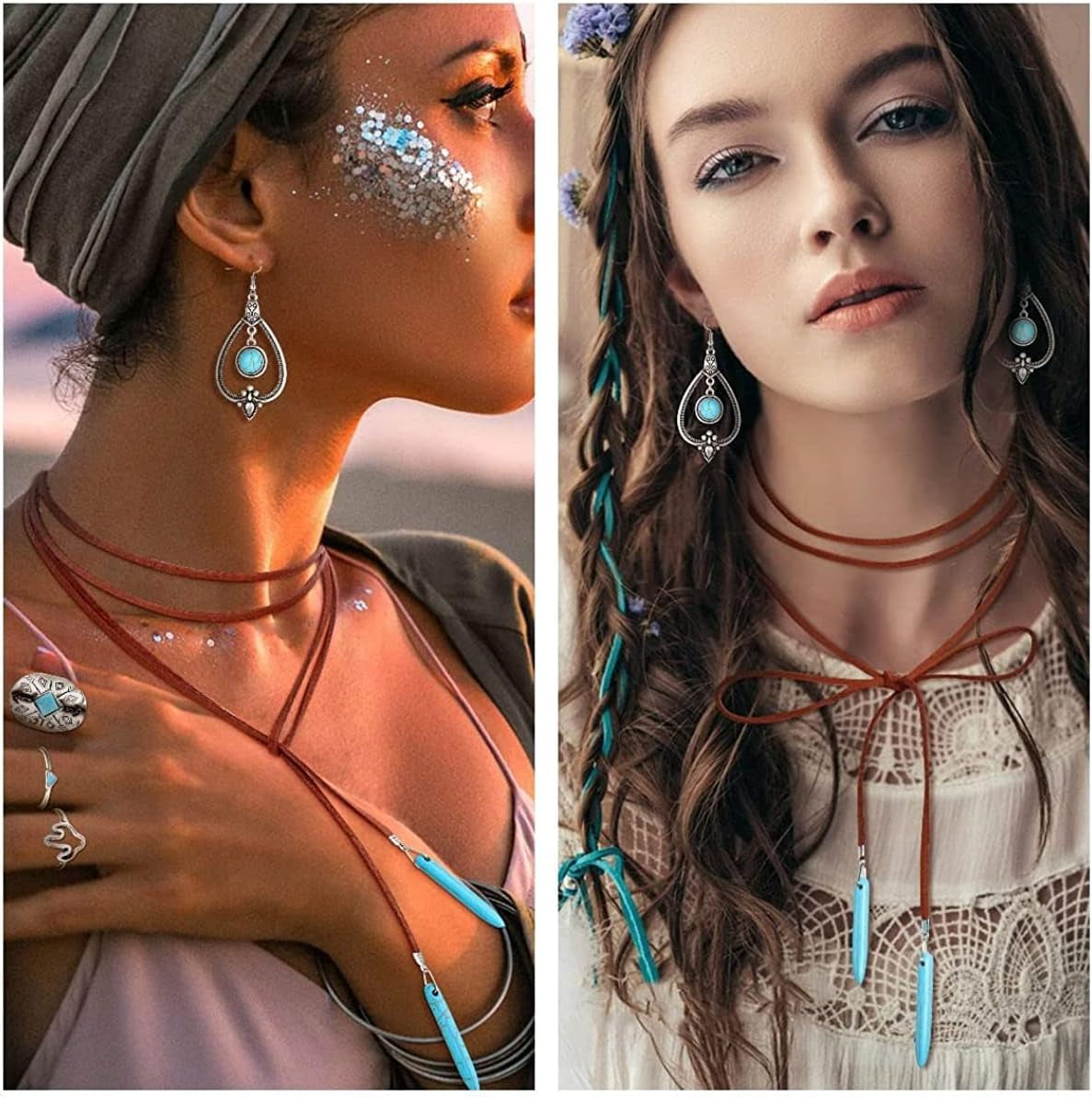 Bohemian Turquoise Jewelry for Women Men Western Turquoise Set Western Adjustable Belt Rings and Necklace Vintage Turquoise Drop Earrings Bracelet Western Boho Turquoise Jewelry for Women