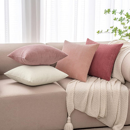 Corduroy Cushion Covers Soft Decorative Square Throw Pillow Covers for Spring Cushion Soft Pillowcase Striped Corduroy Cushion Covers Pack of Four for Home Decor Sofa 18X18 Inch Pink