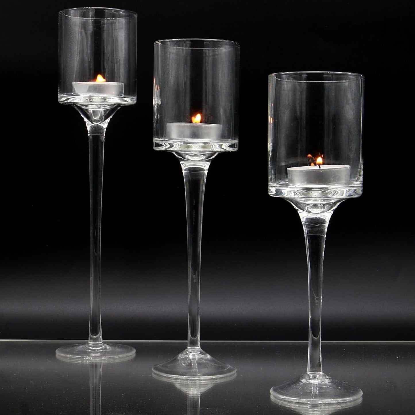 Tea Light Candle Holders - Set of 3 | Tall Elegant Glass Stylish Design | Ideal for Weddings, Home Decor, Parties, Table Settings & Gifts | M&W