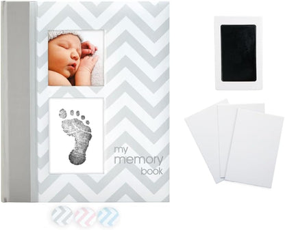 First 5 Years Chevron Baby Memory Book with Included Clean-Touch Baby Safe Ink Pad to Create Baby'S Handprint or Footprint, Keepsake Milestone Journal, UK English Version, Grey