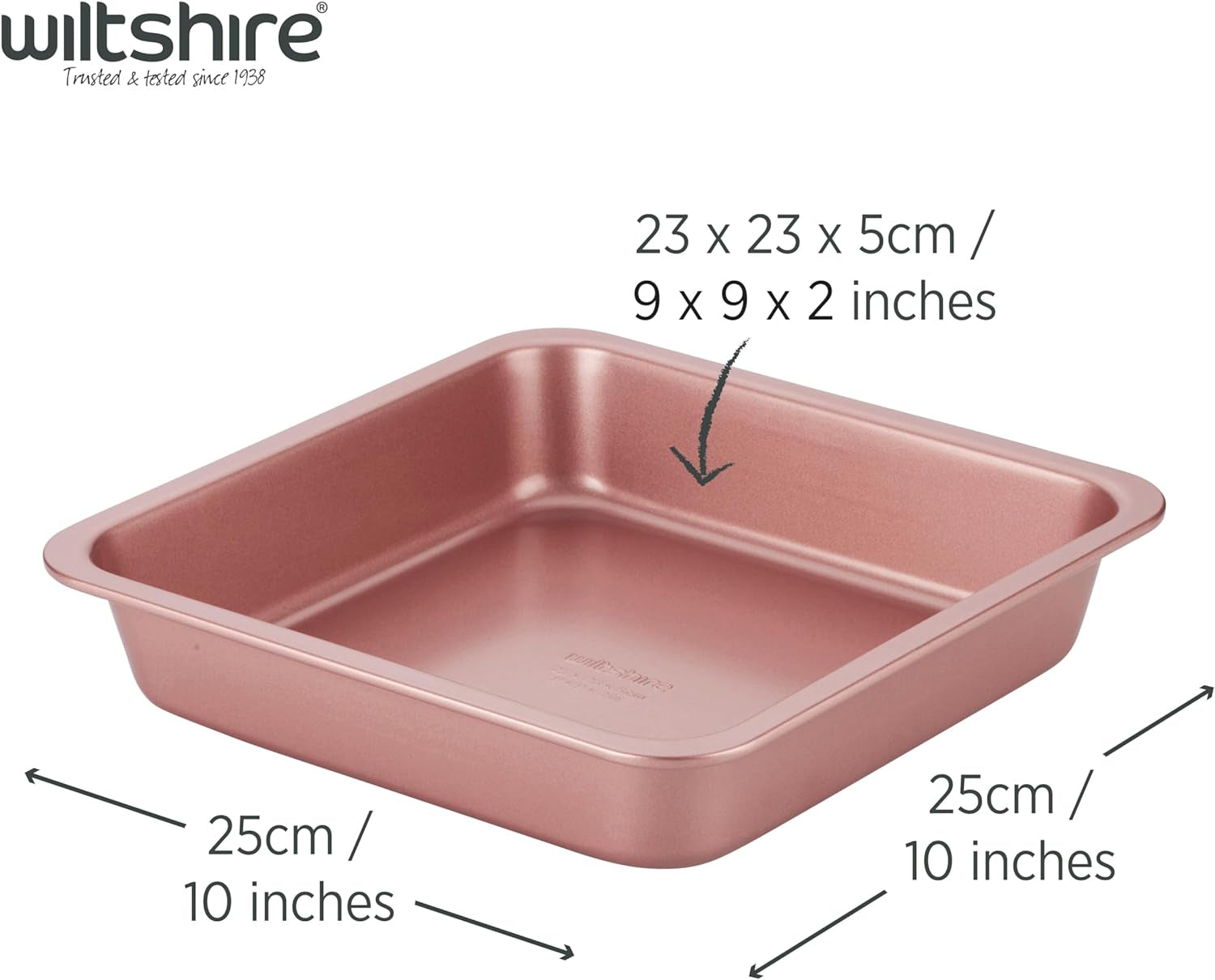 Rose Gold Square Cake Pan, PFOA PTFE Free, Robust Cake Pan, Non-Stick Coating, Coated Baking Pie Tin, Cake Mould, Sheet Steel Bakeware, 25X25X5Cm