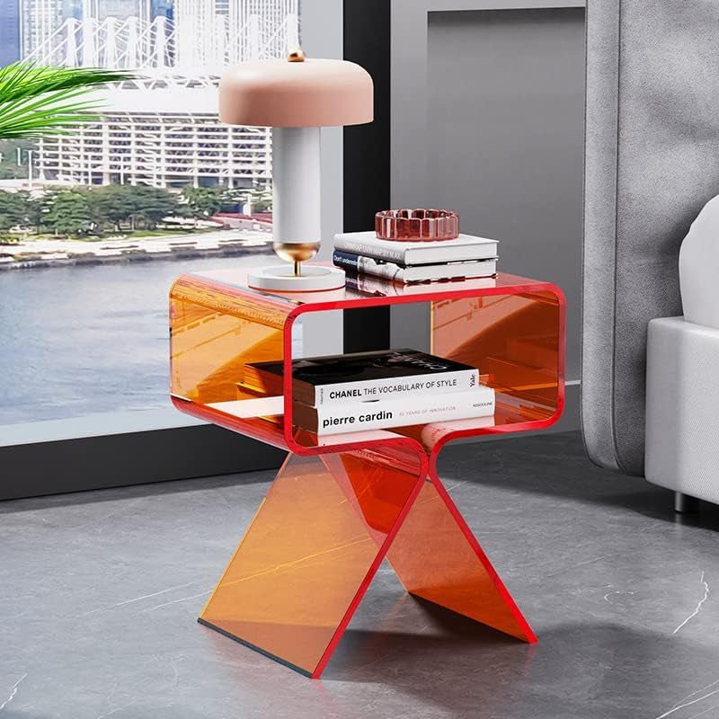 Acrylic Nightstand Side Table Modern Design Clear Home Decor Display End Table for Living Room (Orange)