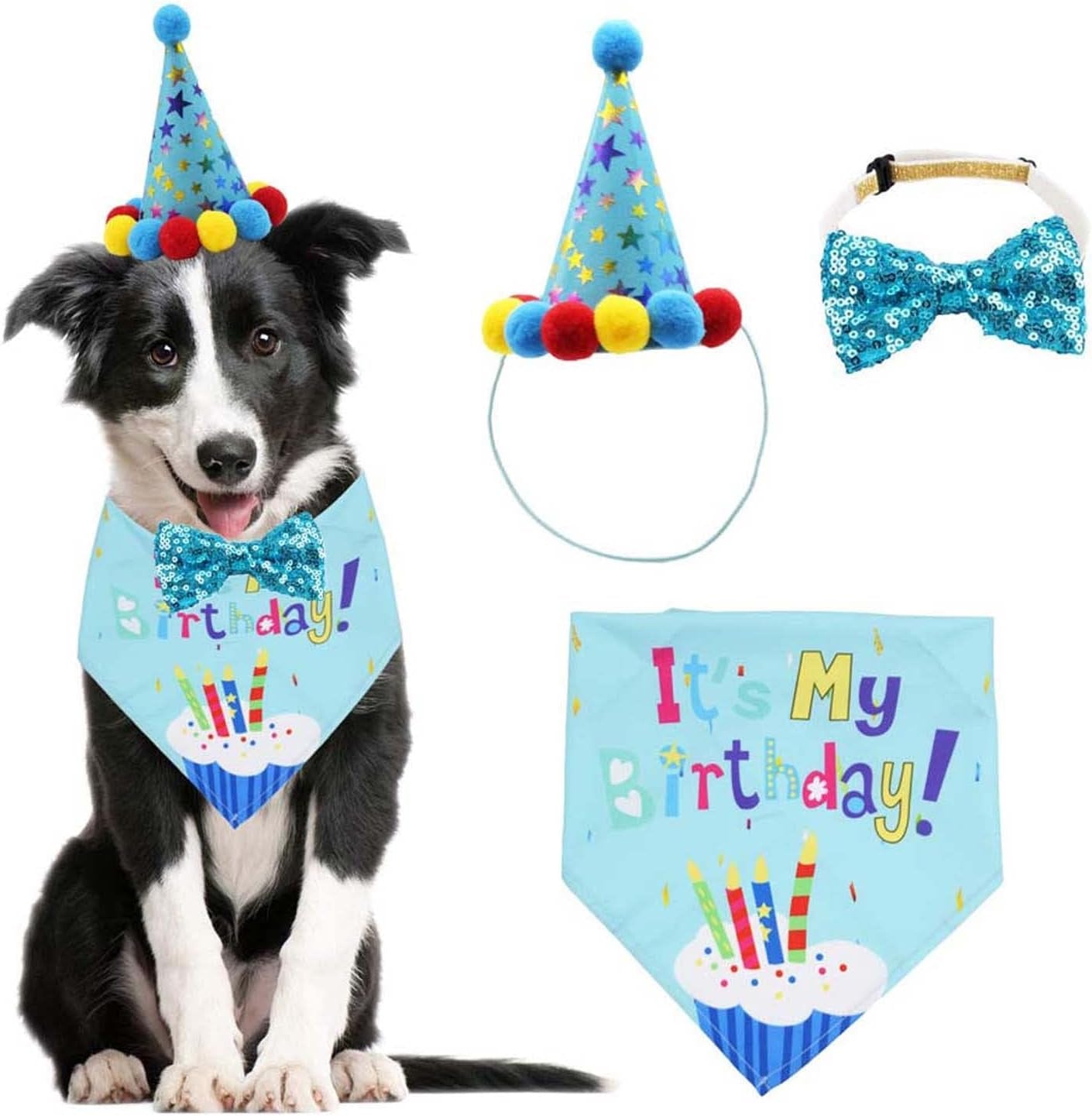 Dog Birthday Bandana Set, with Cute Doggie Birthday Party Hat and Bow Tie, for Cat and Dog Decoration(Blue)