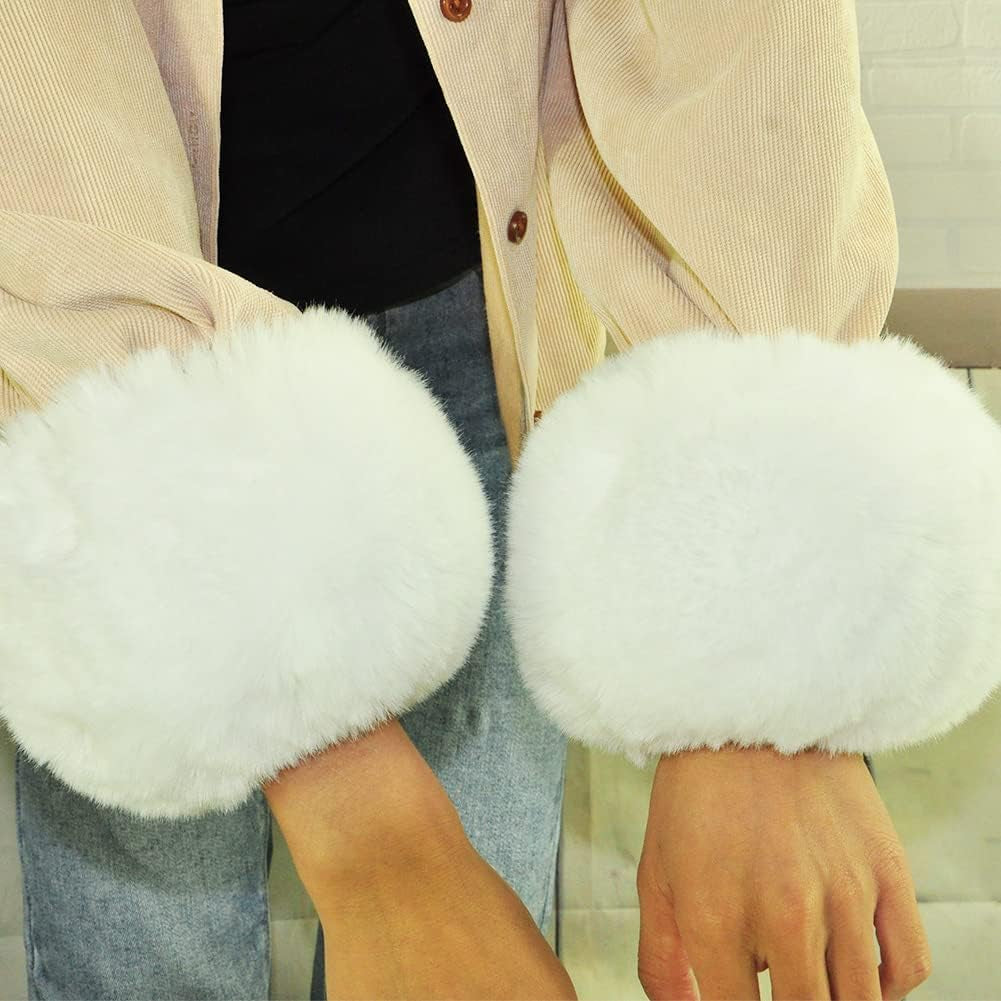 Soft Faux Fur Wrist Band Ring Cuffs Warmer for Women (White), One Size