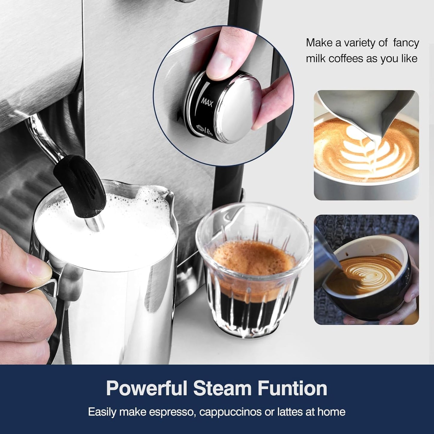 20 Bar Espresso Coffee Machines with LCD Panel and Steam Milk Frother, Compact Cappuccino and Latte Machine, All in One Coffee Machine for Home Use with 1.3L Removable Water Tank, 2 Filters