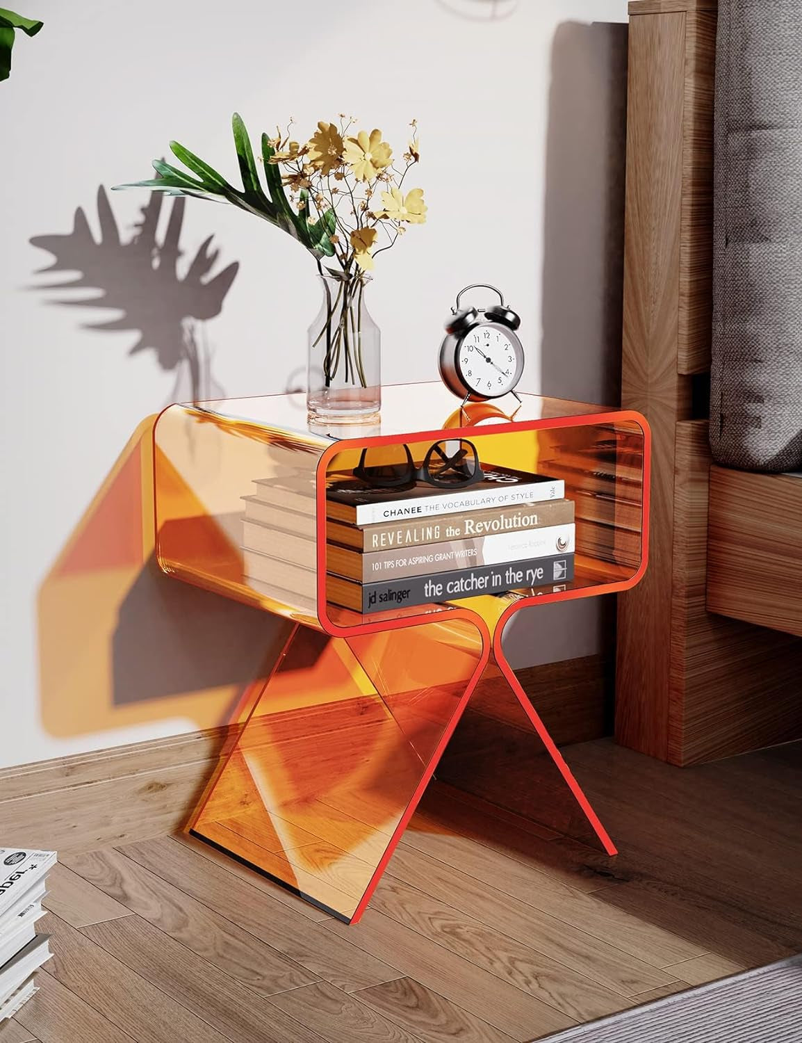 Acrylic Nightstand Side Table Modern Design Clear Home Decor Display End Table for Living Room (Orange)