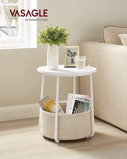 Side Table, round End Table with Fabric Basket, Spacious, for Living Room Bedroom, Bedside Table, Modern Style, White and Beige LET223W10