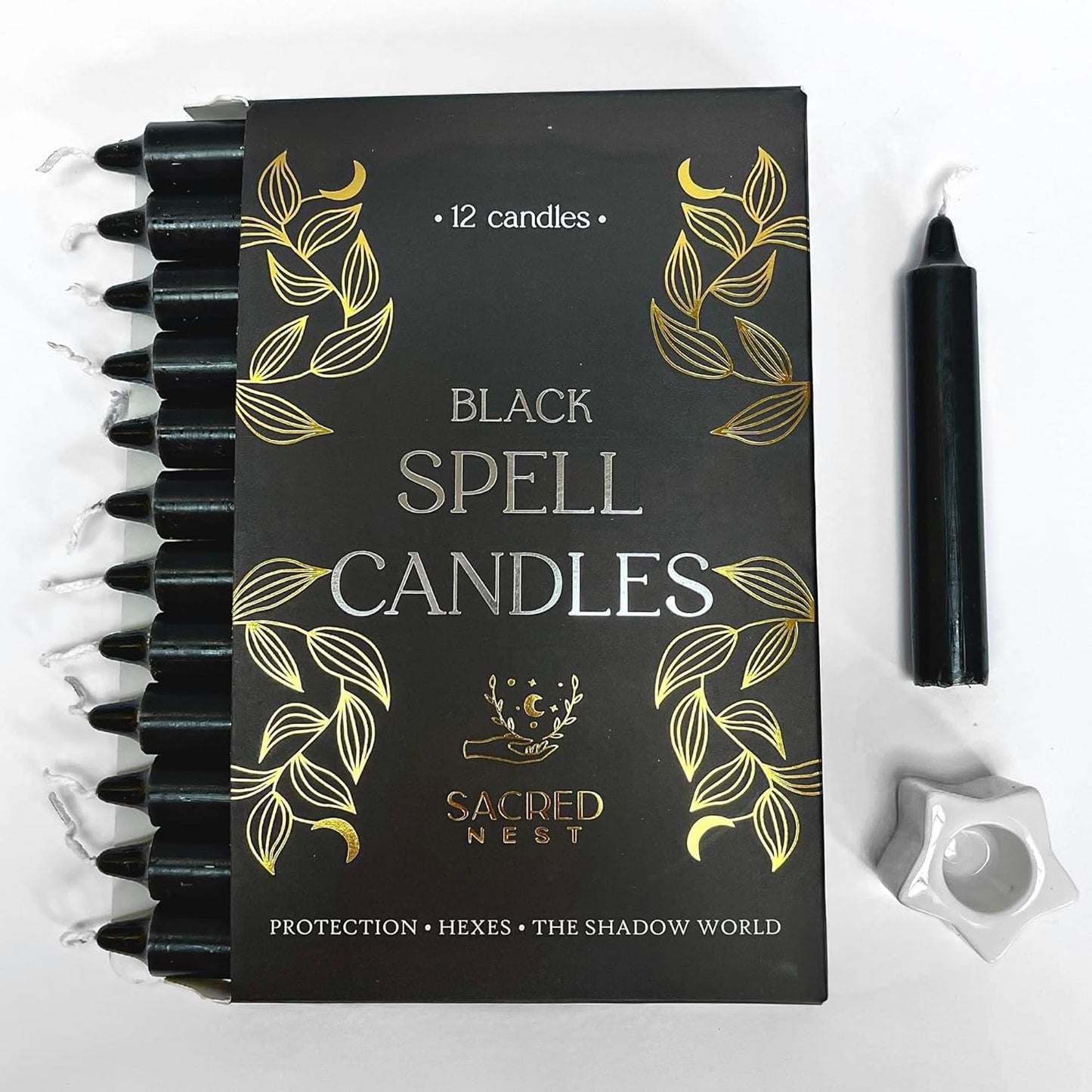 Magic Spell Candles | Set of 12 Black Candles with Ceramic Star Spell Candle Holder & Spell Book | Perfect Witch Candles | Witchcraft Supplies | Gothic Homeware