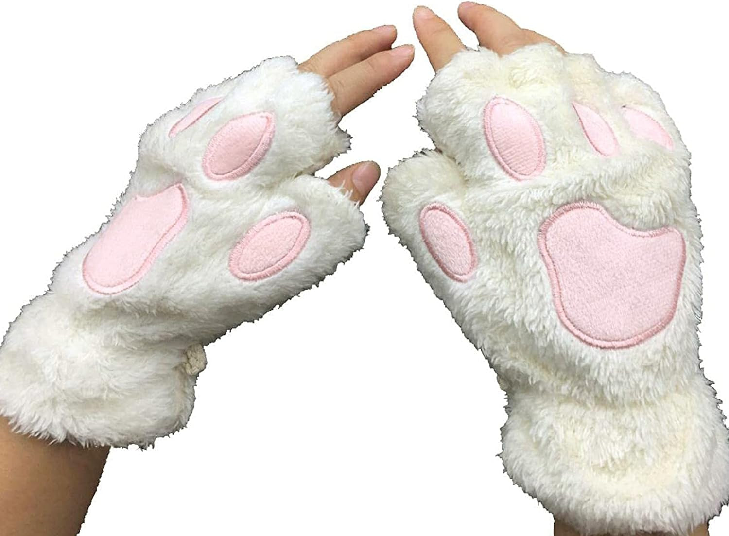 Topgrowth Women'S Kawaii Gloves Plush Synthetic Fur Cosplay Cat Paw Fingerless Gloves Girls Fabric Half Finger Gloves