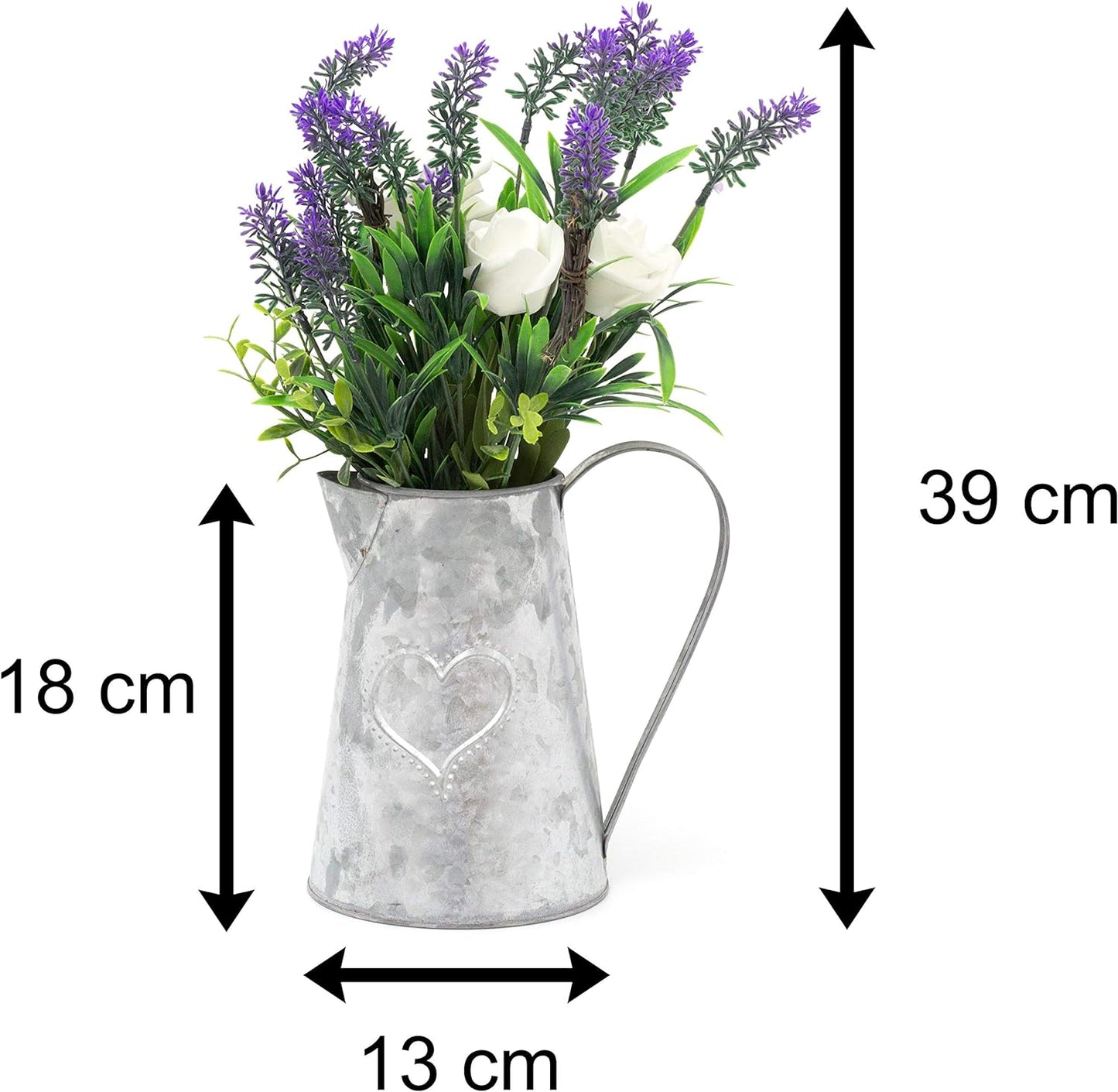 38Cm Artificial Flower Arrangement Ivory Rose and Lavender Flower ~ Faux Floral Home Decoration - Vintage Heart Metal Jug Vase