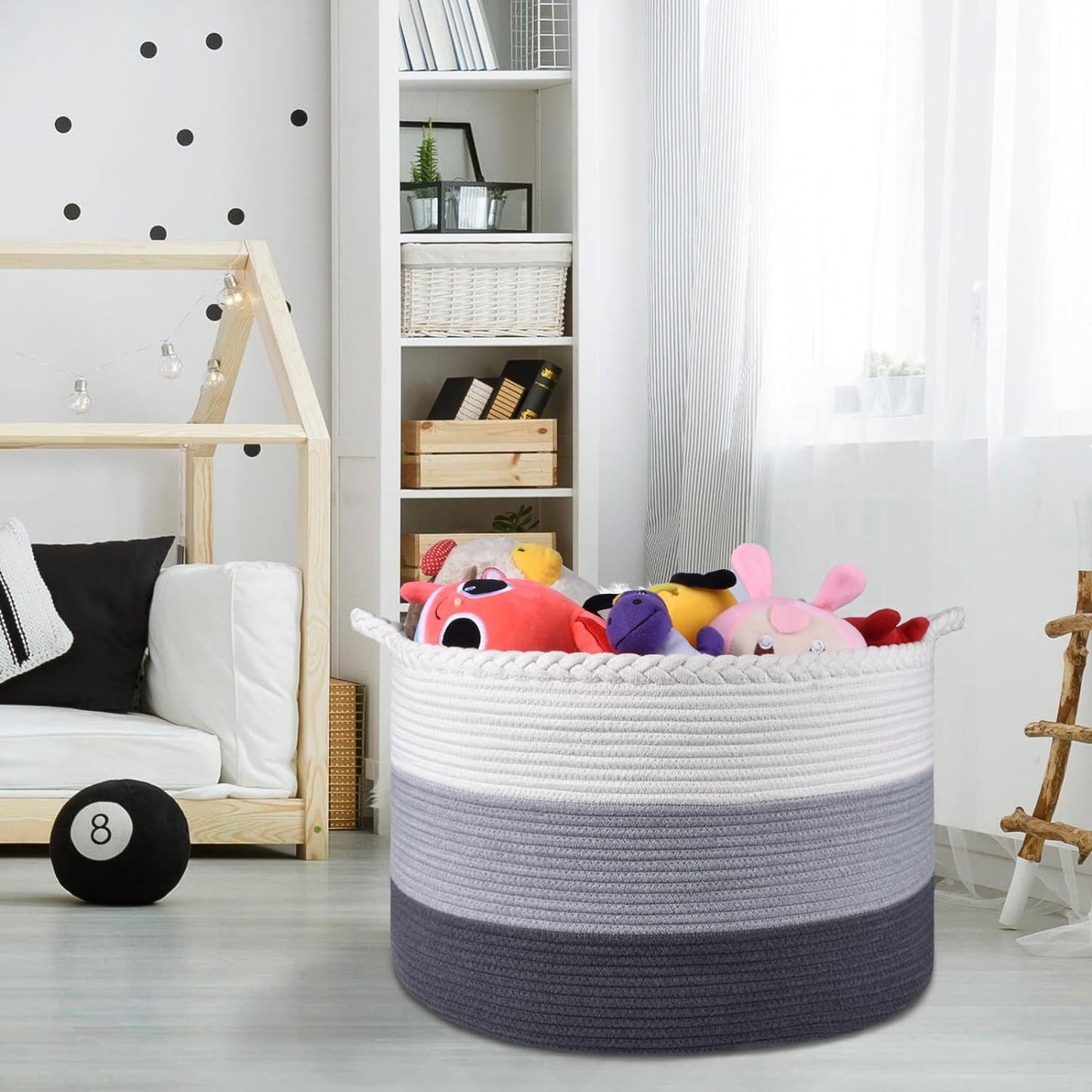 Extra Large Blanket Basket, Storage Basket, Rope Laundry Basket, 55 X 35 CM, Cotton Rope Basket, XXXL Laundry Basket, Toy Basket, Woven Basket, Clothes Baskets, White/Gray