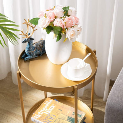 round Side Table Gold End Table, 2-Tier Metal Tray Snack Table Coffee Table Tea Table Nightstand Sofa Table for Living Room Bedroom Balcony Patio