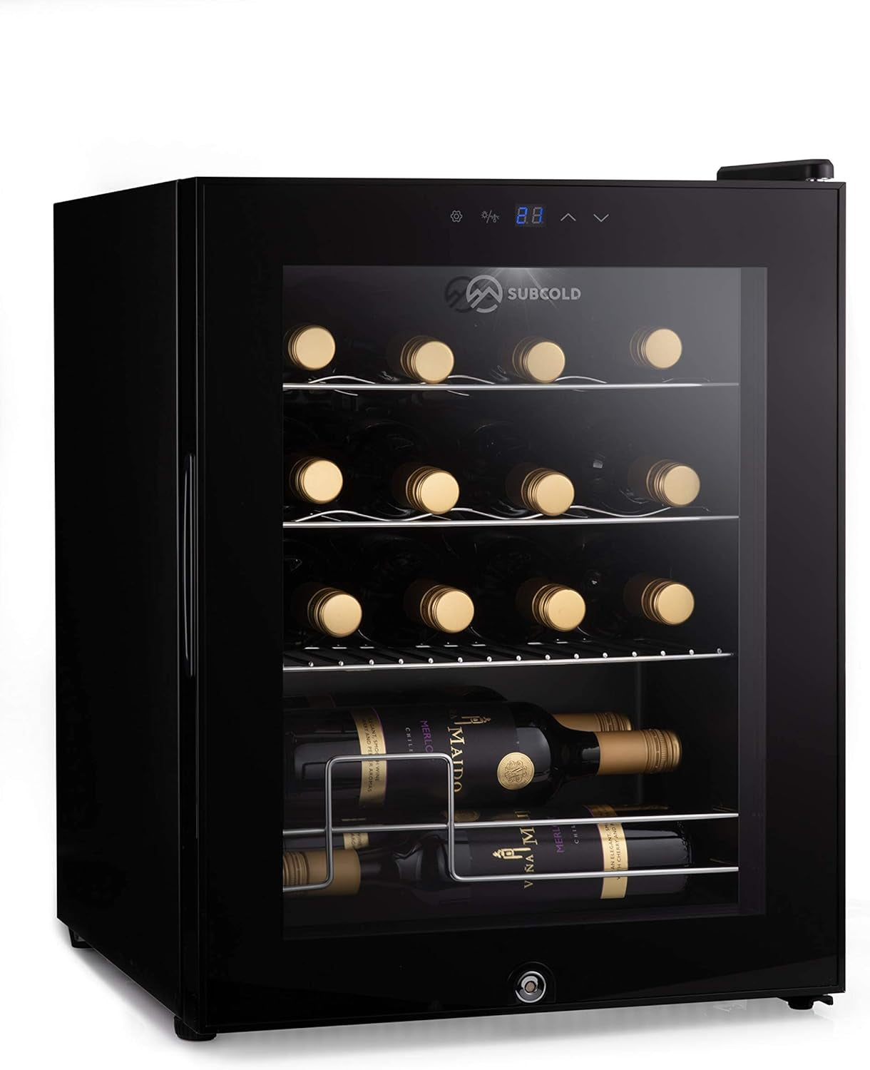 Viva16 LED – Table-Top Wine Fridge Black | 3-18°C | Wine Cooler | LED + Lock & Key | Glass Door Drinks Cellar | Single-Zone (16 Bottle)