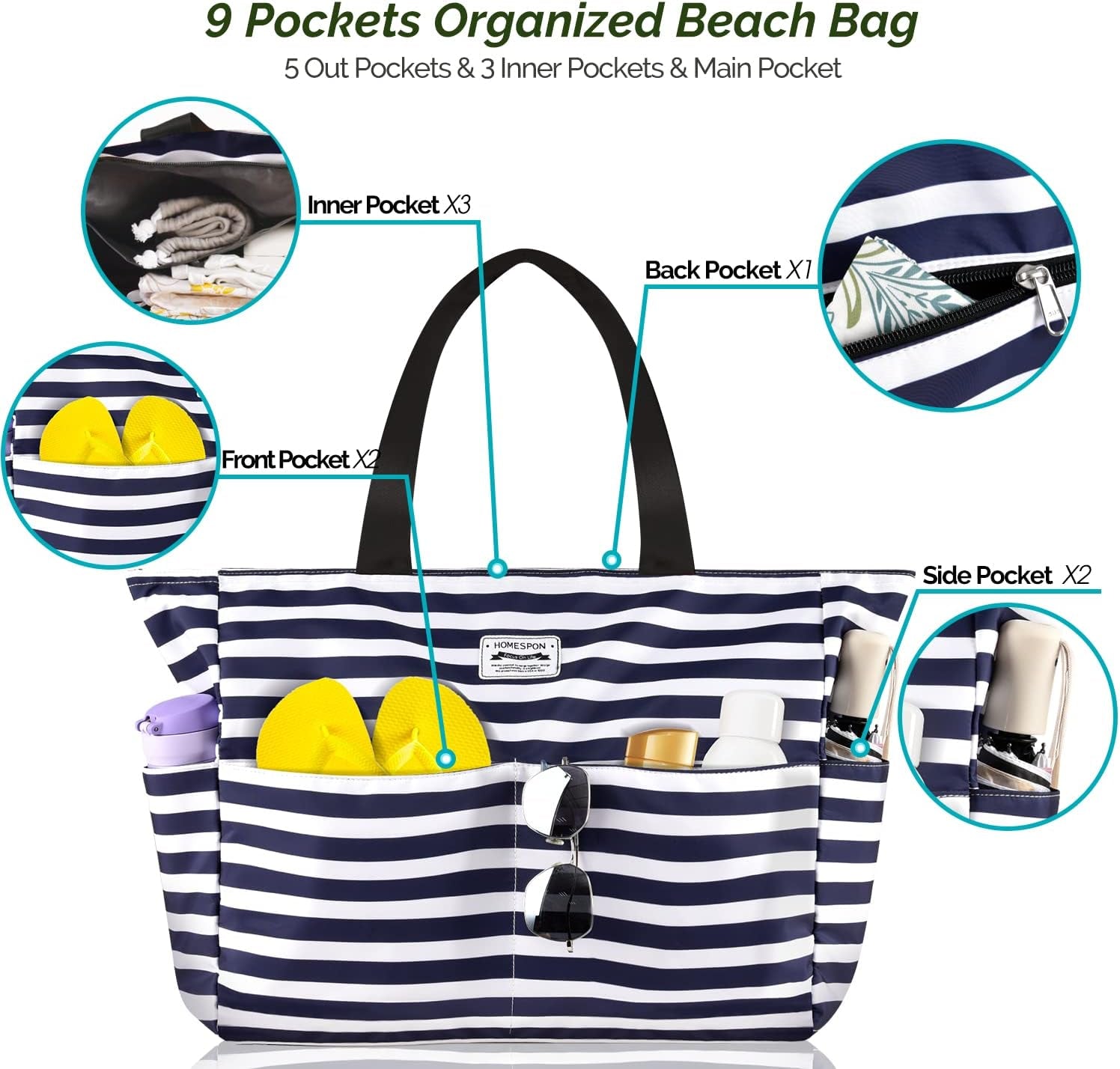 Large Waterproof Beach Tote Bag for Women with Zip and Pockets Foldable Handbag for Travel Pool Shopping Holiday Gym(Blue Stripes)