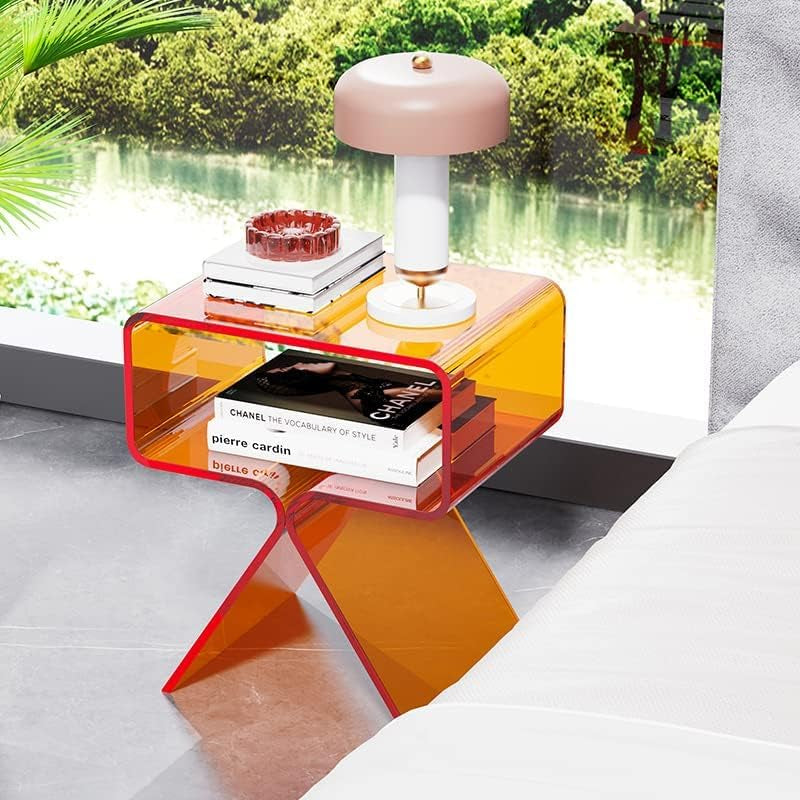 Acrylic Nightstand Side Table Modern Design Clear Home Decor Display End Table for Living Room (Orange)