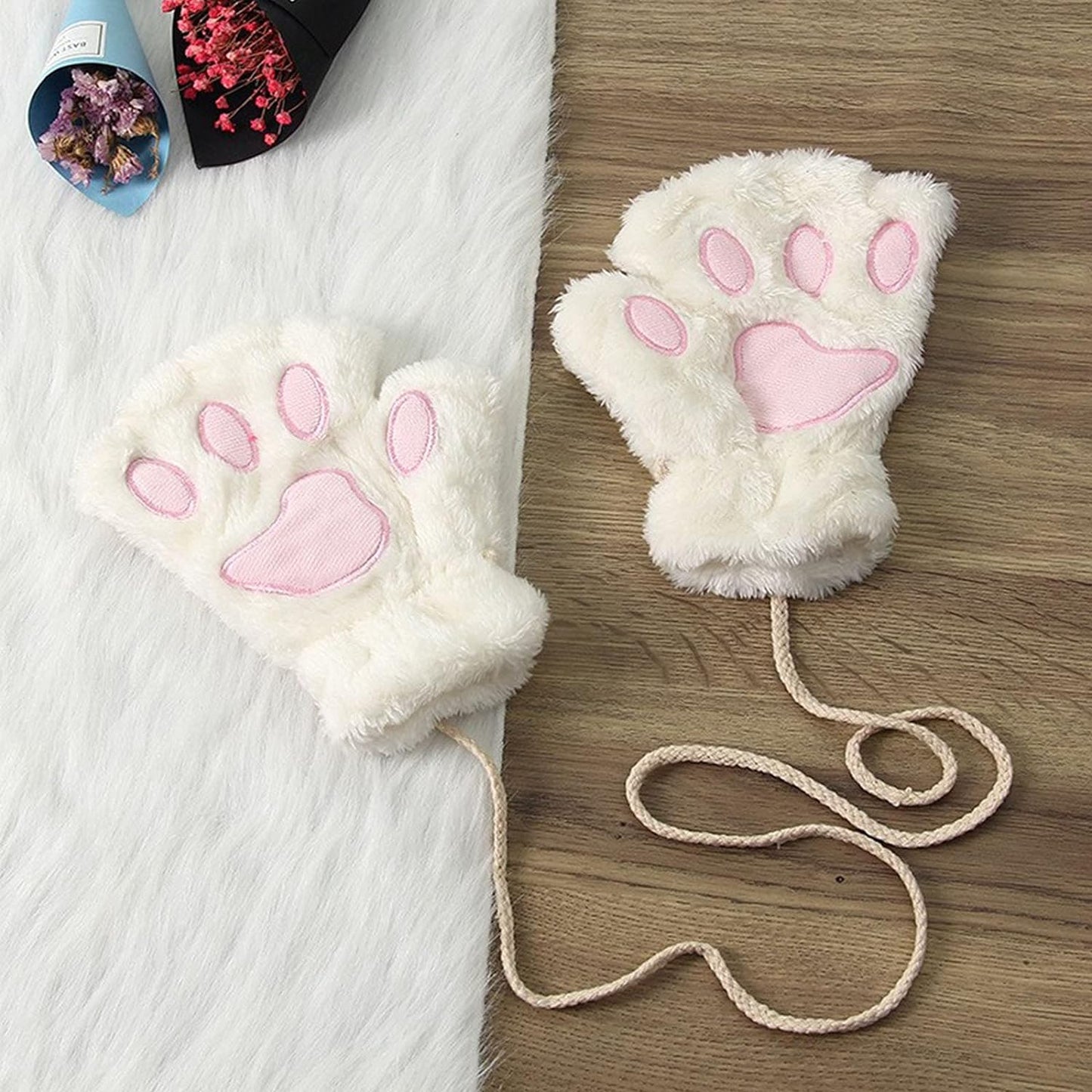 Topgrowth Women'S Kawaii Gloves Plush Synthetic Fur Cosplay Cat Paw Fingerless Gloves Girls Fabric Half Finger Gloves