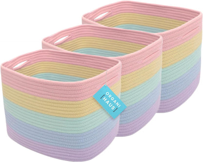 Set of 3 Toy Storage Baskets | Woven Nursery Storage Basket | Rainbow Blanket Basket | Cotton Rope Toilet Roll Basket | Woven Basket for Towel Storage | Bathroom Storage Baskets for Shelves