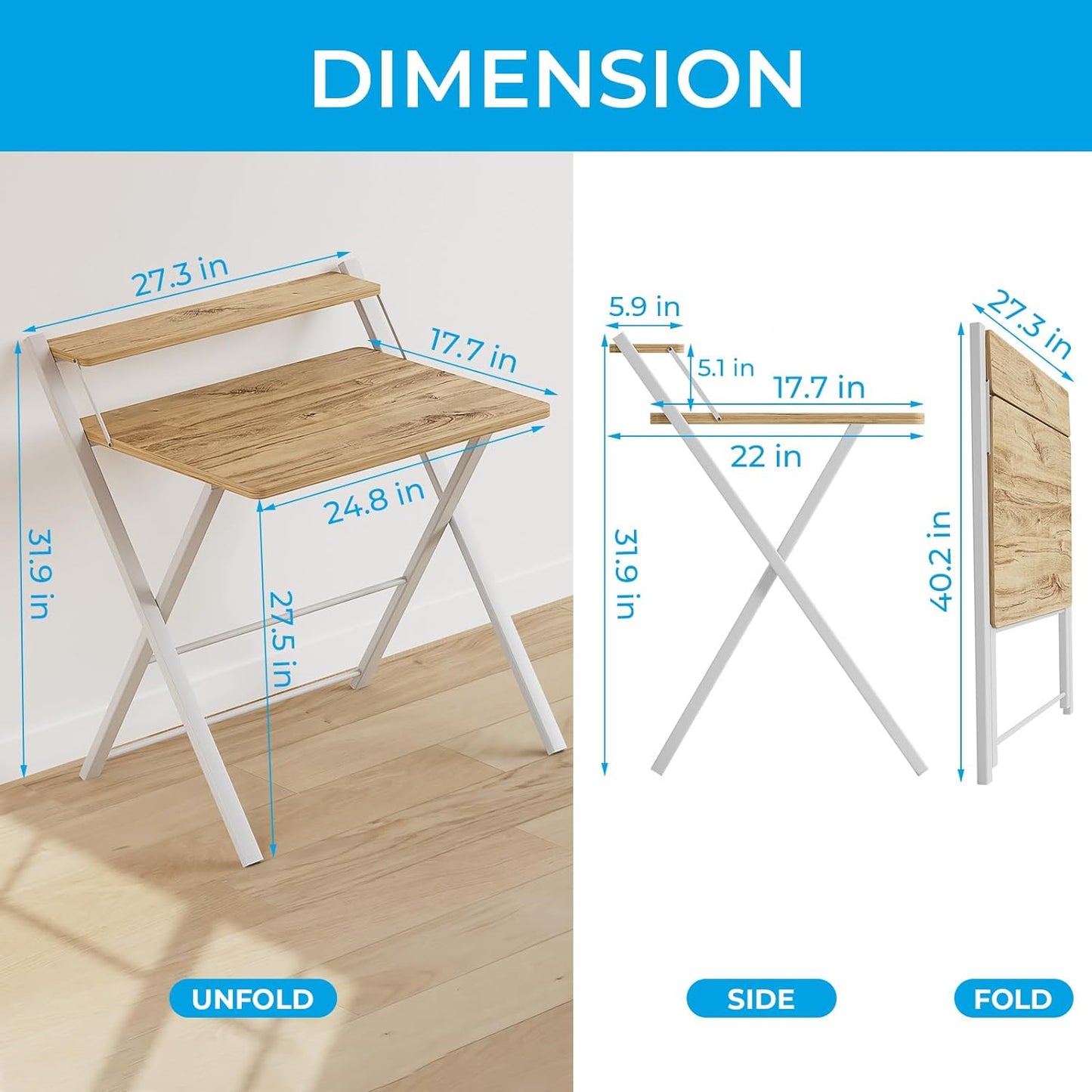 Folding Desk No Assembly Required Small Size,Computer Desk with 2-Tier Shelf Laptop Foldable Table for Small Spaces,Beige