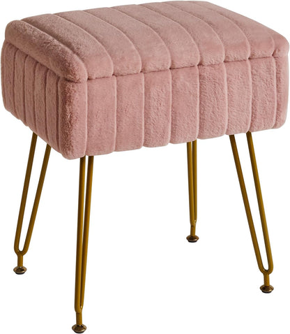 Stool Chair with Storage Space, Footrest Footstool Ottoman, Small Side Table, with 4 Metal Legs, with Anti-Slip Feet, for Makeup Room, Bedroom, Faux Fur, Pink L/G-50P