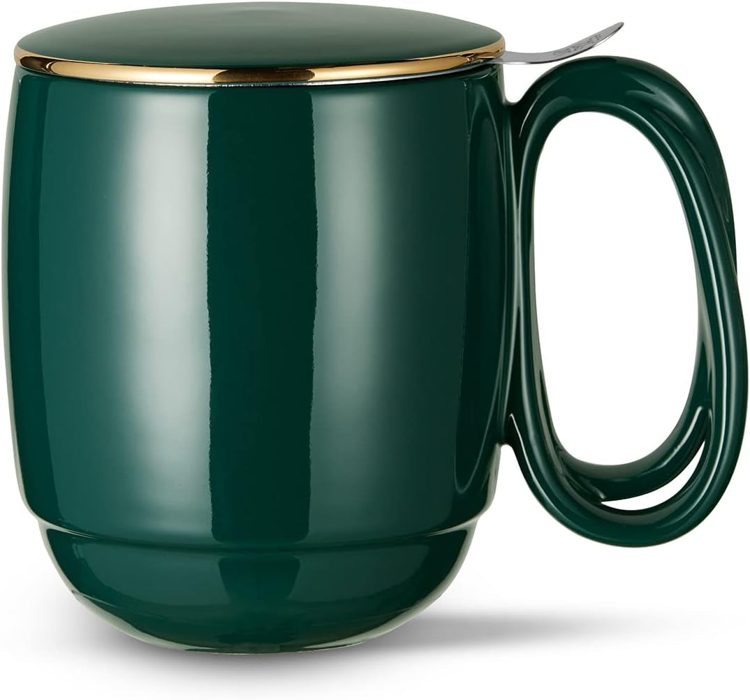 Tea Infuser Mug with Lid, Porcelain Entwined Handle Loose Leaf Tea Cup, 480ML Gold Trim Tea Steeping Mug for Home or Office, Dark Green