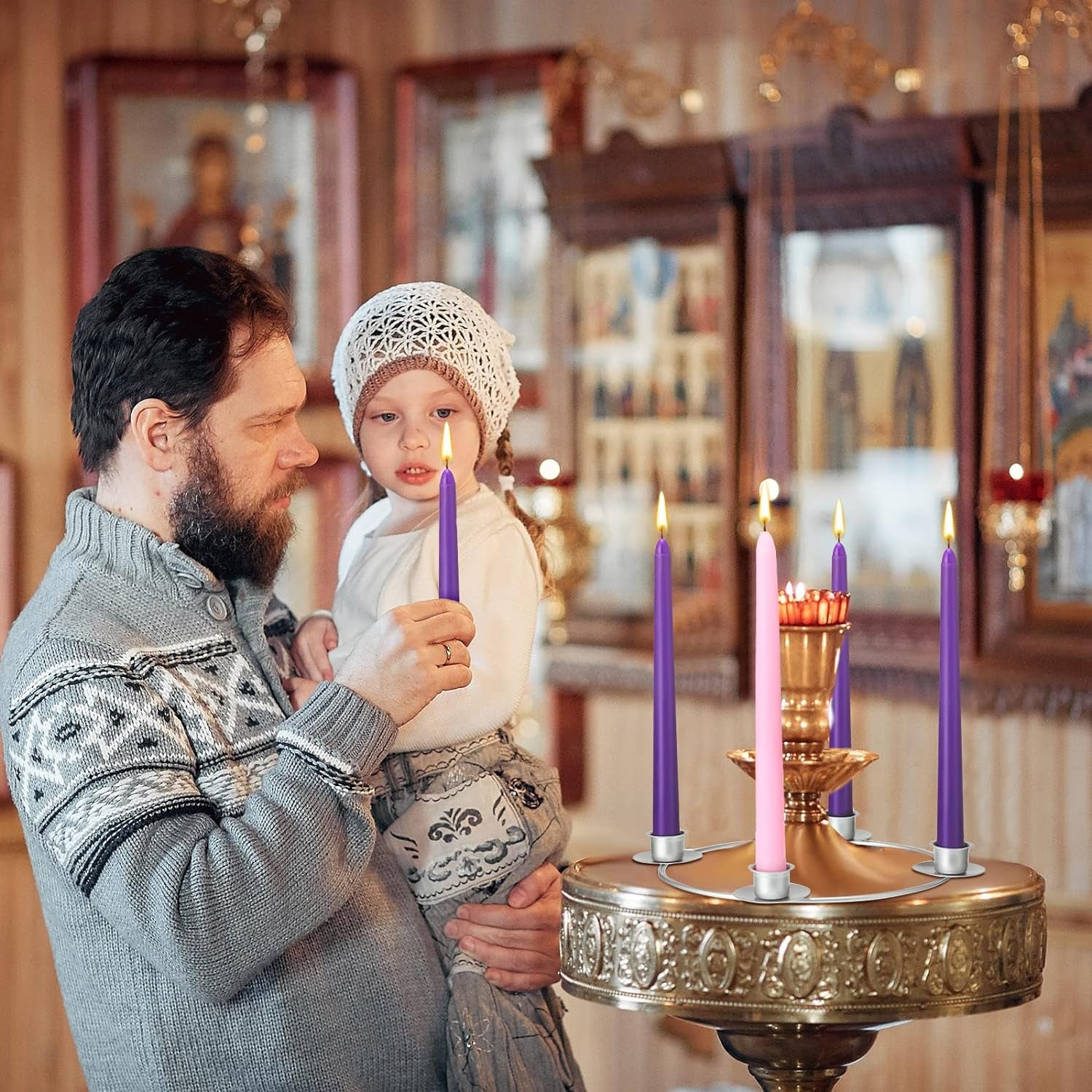 5 Packs Christmas Advent Wreath Ring Set Silver Christmas Advent Candles Holder with 4 Pcs Advent Candles 3 Purple and 1 Pink Taper Candles Christmas Advent Ring Set for Church Home