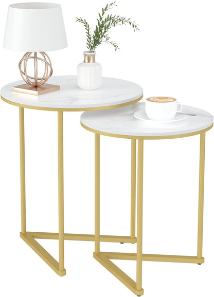 Marble Top Side Table Gold: 2 Nesting Small Sofa End Tables round Bedside Nest Sets High Gloss Sintered Stone Marble Tabletop with Golden Metal Legs Nested Accent Tables for Living Room Offices