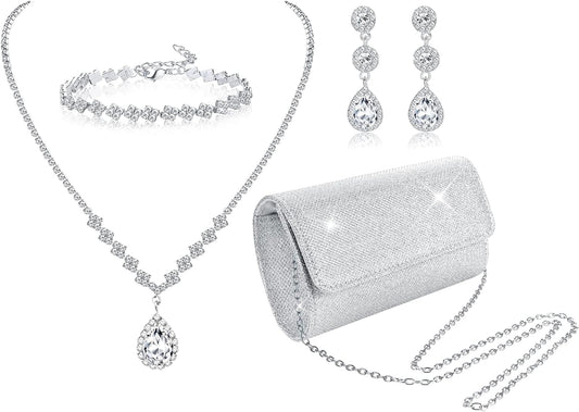 4Pcs Sliver Clutch Purse Jewelry Set for Women Evening Rhinestone Purse Crystal Necklace Earrings Bracelets Set Silver Accessories for Women Bride Wedding Jewelry