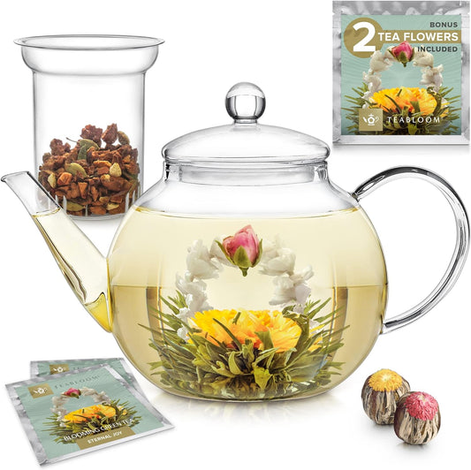 Stovetop & Microwave Safe Glass Teapot with Removable Tea Infuser for Loose Tea – Includes 2 Blooming Teas – 1.2 L Tea Kettle and Tea Maker