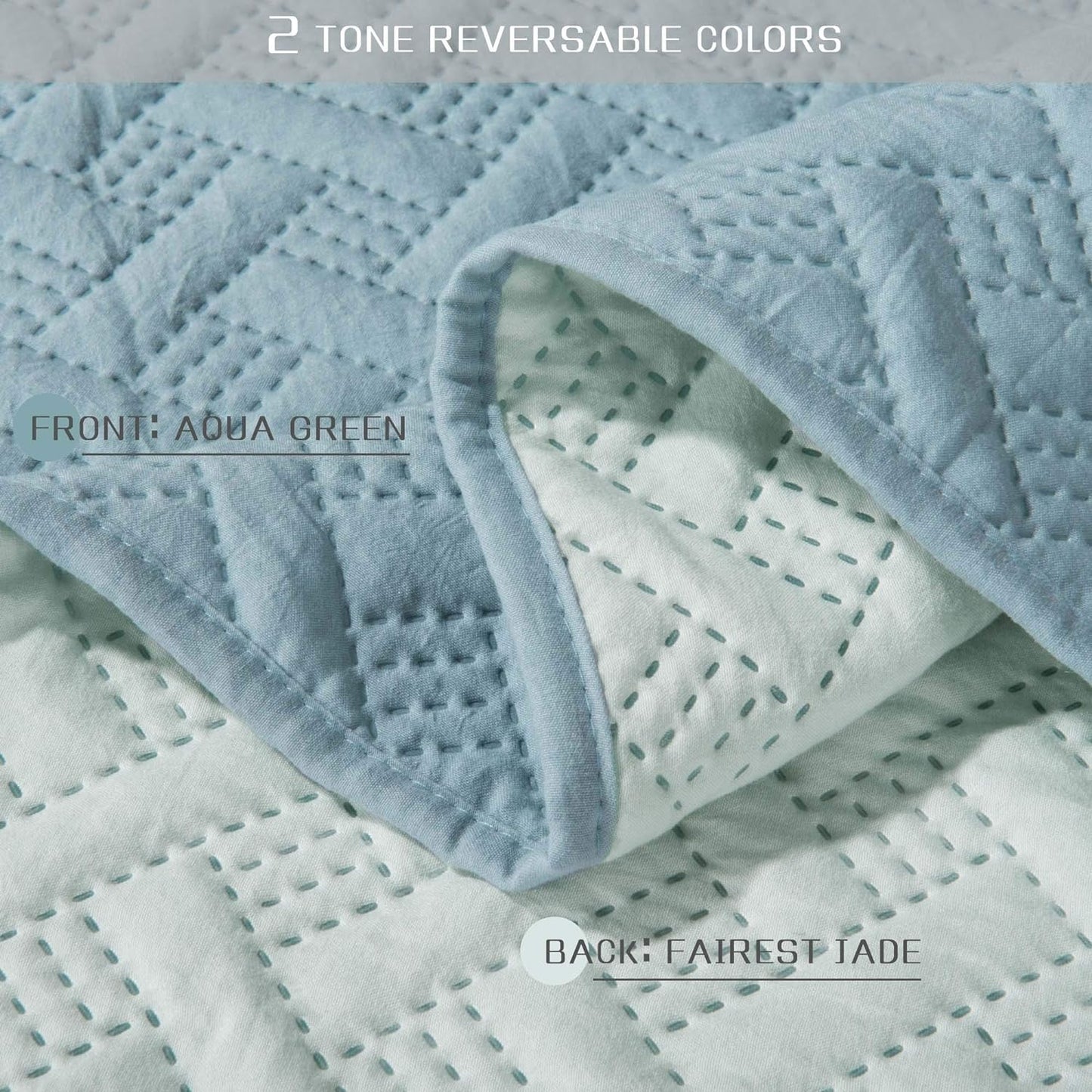 Coverlet 3-Pc Mini Bedding Set-All Season Lightweight Ultra Soft Stonewashed Blanket-Heat-Pressed 2-Tone Reversible Color, 100% Polyester Filling, Aqua Green/Fairest Jade, King Shams