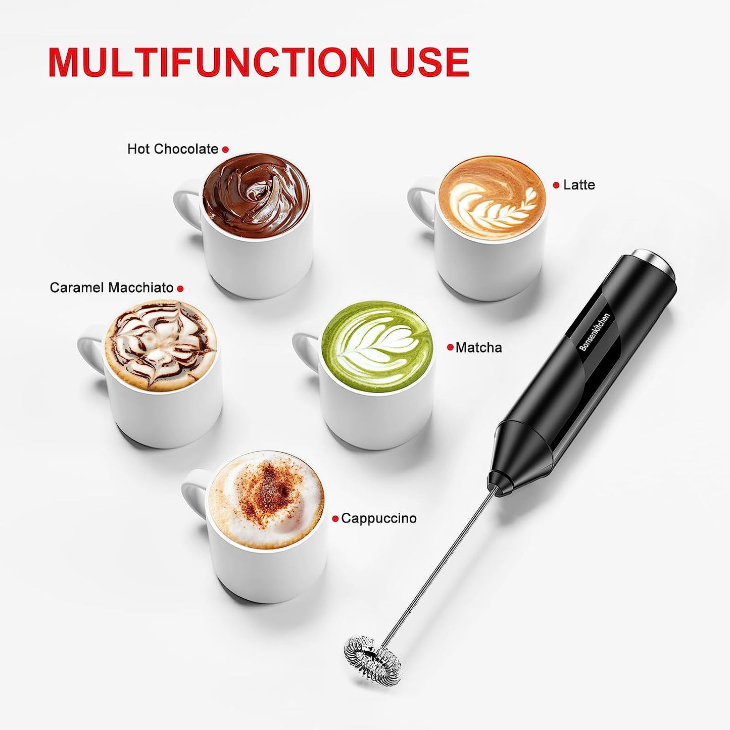 Milk Frother Handheld, Electric Milk Foam Maker with Stainless Steel Whisk, Hand Drink Mixer for Coffee, Lattes, Cappuccino, Matcha, Battery Operated, Electric Stirrer Coffee Mixer Wand