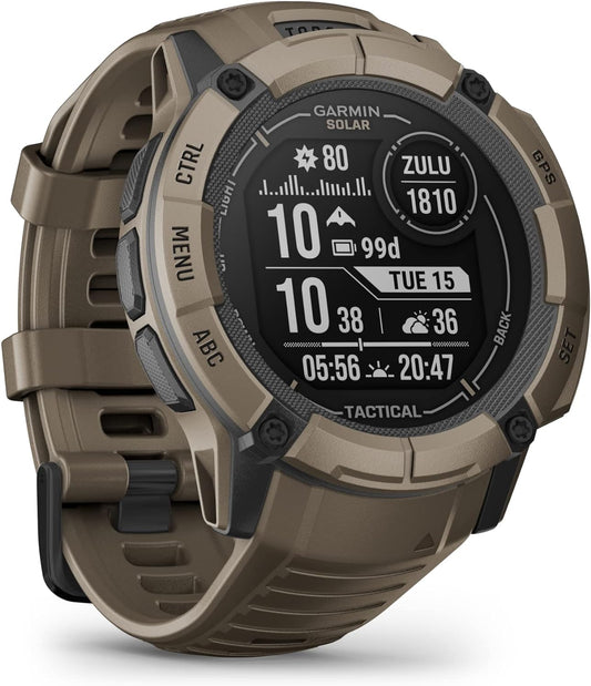 Instinct 2X SOLAR Tactical Edition, Large Rugged GPS Smartwatch, Built-In Sports Apps and Health Monitoring, Solar Charging, Dedicated Tactical Features and Ultratough Design Features, Tan