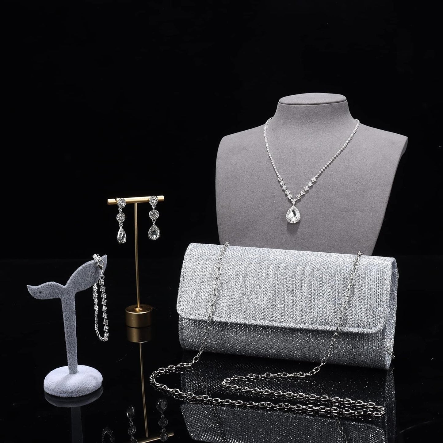 4Pcs Sliver Clutch Purse Jewelry Set for Women Evening Rhinestone Purse Crystal Necklace Earrings Bracelets Set Silver Accessories for Women Bride Wedding Jewelry